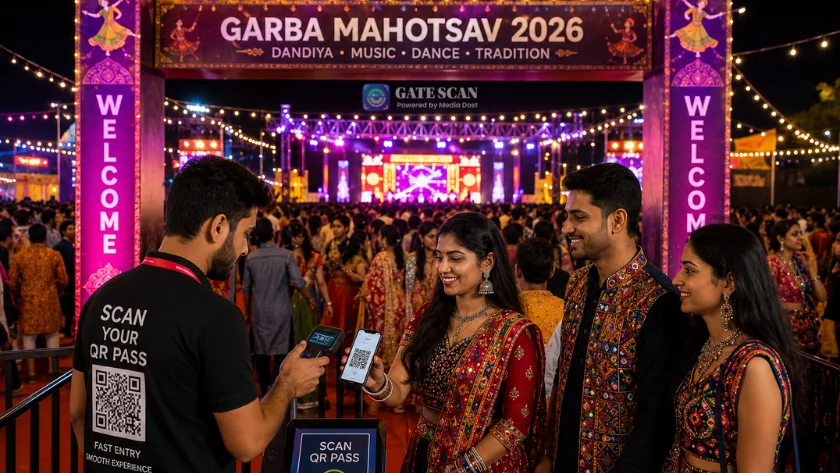 Attendee showing a digital QR Garba pass being scanned at a Navratri event entrance
