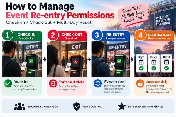 Event staff scanning an attendee QR ticket for check-out before re-entry