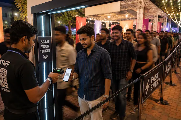 Event staff scanning a guest's QR ticket to speed up entry at a venue gate